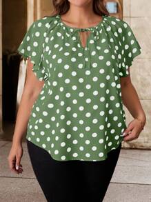 SHEIN Clasi Plus Size Casual Simple Polka Dot Print Raglan Sleeve Shirt, For Summer - Green - View 5