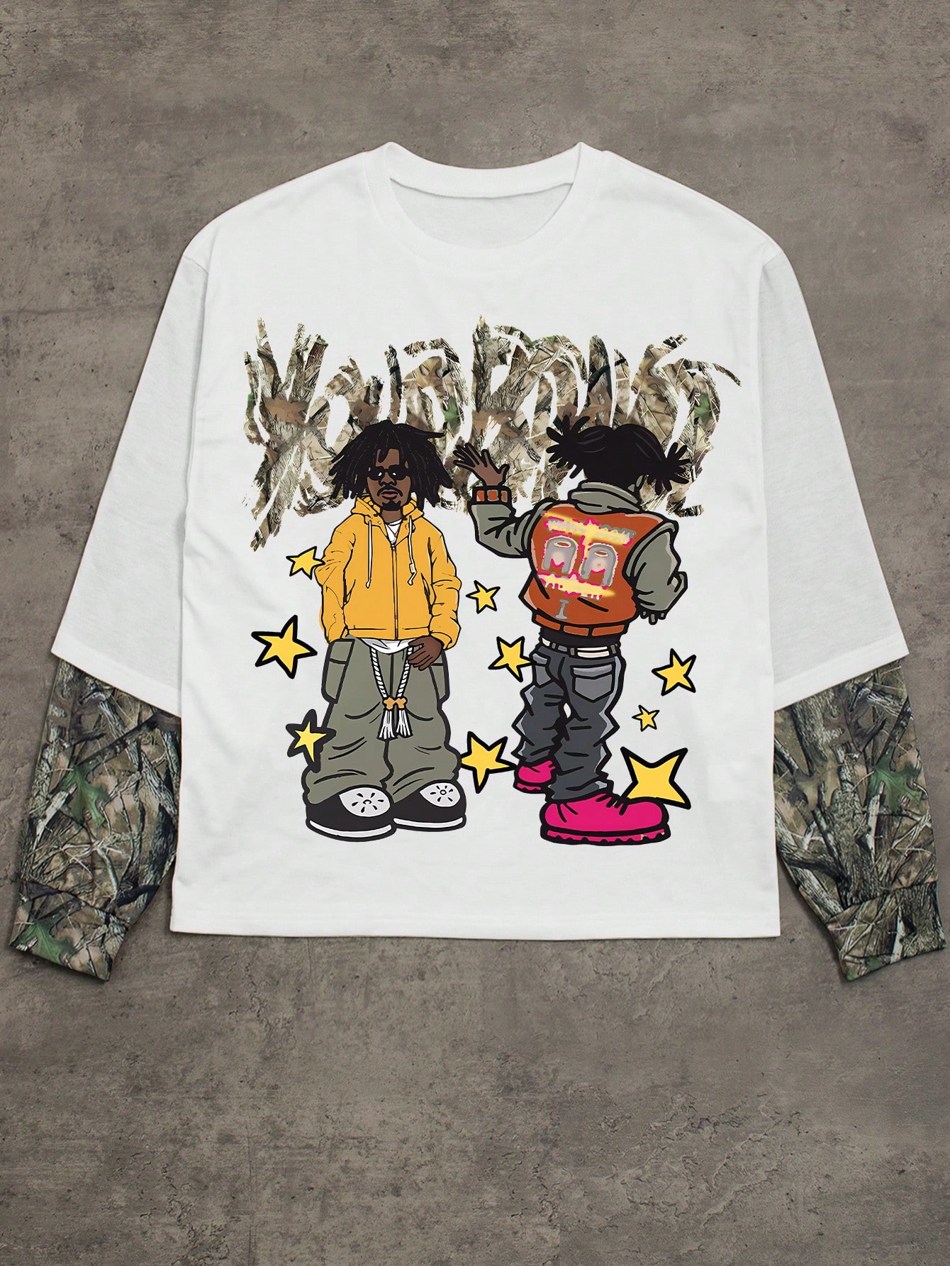 Men Crew Neck Camouflage, Cartoon Character & Letter Print Pullover Sweatshirt