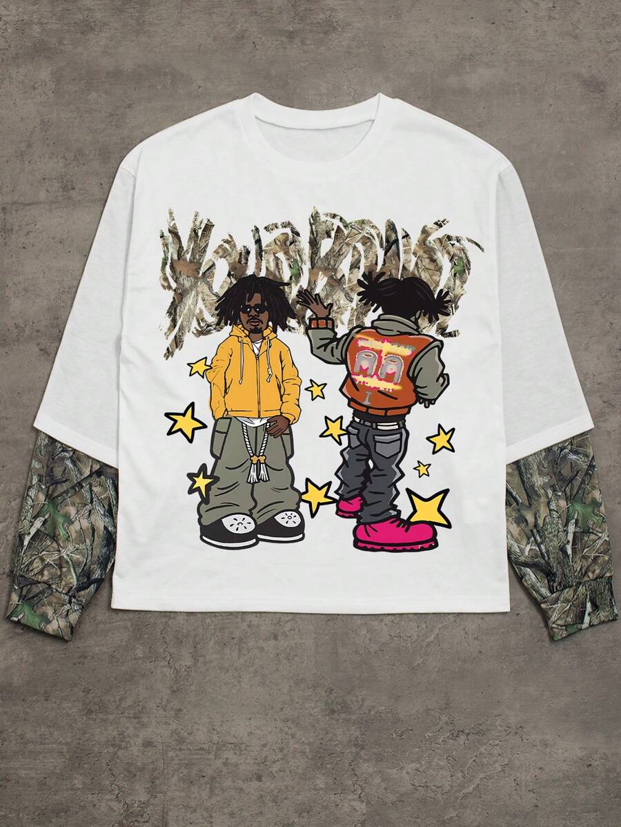 Men Crew Neck Camouflage, Cartoon Character & Letter Print Pullover Sweatshirt - Multicolor - View 1