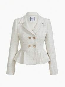 MOTF PREMIUM 粗花呢翻领荷叶边下摆双排扣西装外套