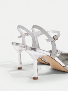 CUCCOO TILAWA Women's Pointed Toe Rhinestone Decor Ankle Strap Stilettos High Heels, Sexy Closed Toe Dress Party Wedding Formal Pumps Spring Shoes Spring Break Easter Prom Heels - Silver - View 6