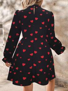 SHEIN Unity 大码女式立领荷叶边袖优雅长袖连衣裙“情人节之爱” - 黑色 - 查看 2