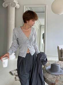 DAZY Women V-Neck Solid Color Cardigan Sweater, Spring/Autumn - Grey - View 2