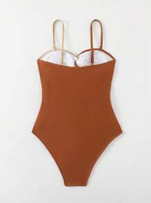 Swim Chiccia 女士优雅连体泳衣，带可拆卸肩带，镂空扭纹设计，纯色和对比色，夏季 - 彩色 - 查看 6