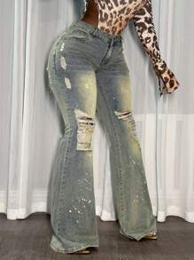 Slaydiva Women's Pocket Distressed Flare Leg Casual Versatile Jeans - Blue - View 1