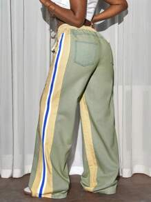 Slaydiva 女式纯色拼接前系带休闲牛仔裤