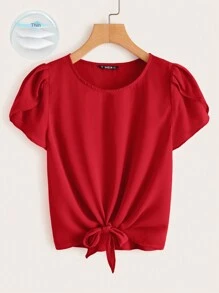 SHEIN LUNE Petal Sleeve Knot Front Top - Red - View 1