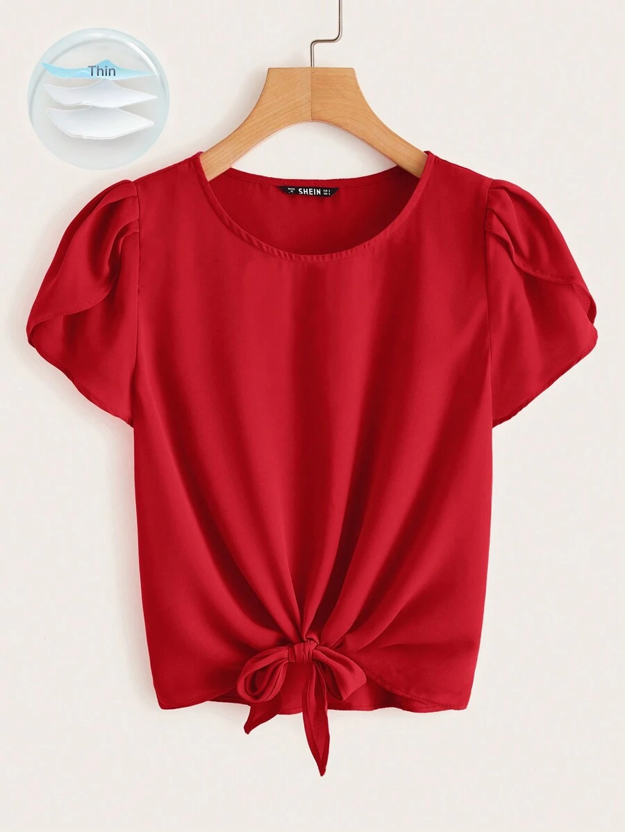 SHEIN LUNE Petal Sleeve Knot Front Top - Red - View 1