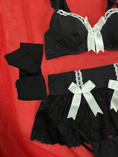 PetitDoll Baroque Inspired Dark Underwire Verleidelijke Lingerie Set: Crop Top String Ruffle Hem Skirt Socks, Going Out view 5