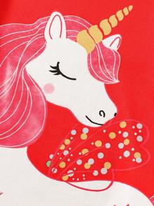 SHEIN 2 件套可爱拼色独角兽印花贴身连体衣和裤子套装，适合女婴、家居服、圣诞节