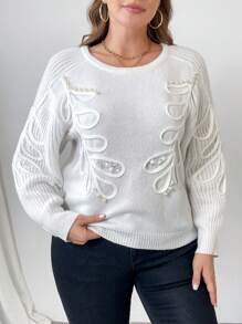 SHEIN Unity 大码女式秋冬刺绣串珠装饰宽松圆领针织套头衫 - 白色 - 查看 3