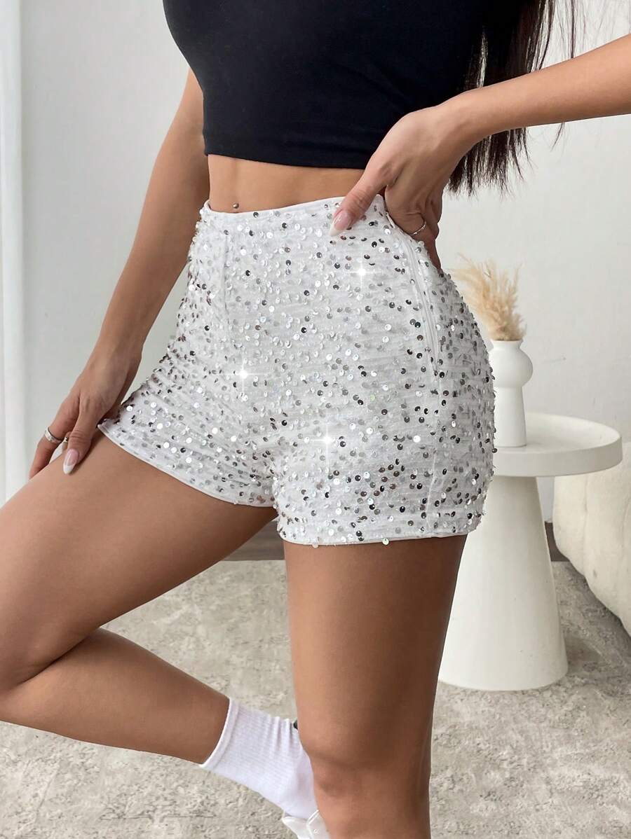 SHEIN EZwear 夏季时尚亮片装饰短裤 - 銀色 - 查看 1