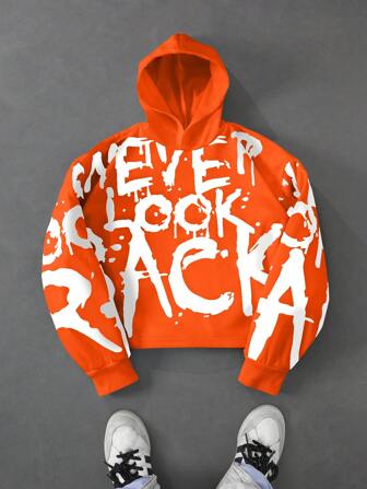 Manfinity Roghcode Men's Young Street Graffiti English Text Graffiti Font Print White Short Knitted Hooded Sweatshirt