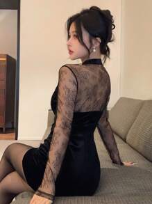 DAZY Women Elegant Lace Patchwork Bodycon Mini Dress, Autumn,Fall Women Clothes Long Sleeve Dress - Black - View 6