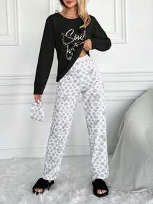 EURMUSE Conjunto de pijama de mujer de algodón con estampado de lunares y letras - Negro - Ver 4
