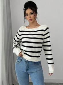 SHEIN Unity Femmes Casual Col Rond Manches Longues Pull Tricoté à Rayures, Automne/Hiver - Nude - Voir 4