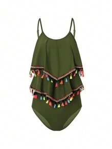 SHEIN Swim 全新性感双层荷叶边吊带比基尼套装 夏季 - 軍綠色 - 查看 1