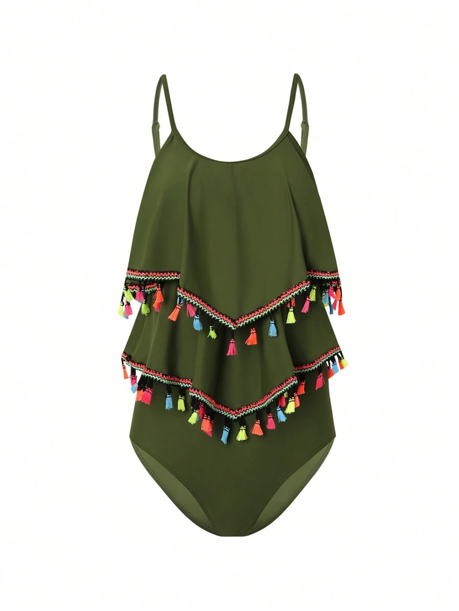 SHEIN Swim 全新性感双层荷叶边吊带比基尼套装 夏季 - 軍綠色 - 查看 1