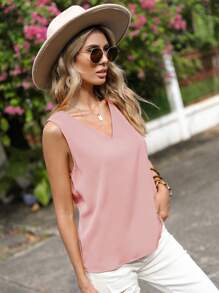 SHEIN LUNE 素色V領無袖襯衫 - 藕粉色 - 查看 5