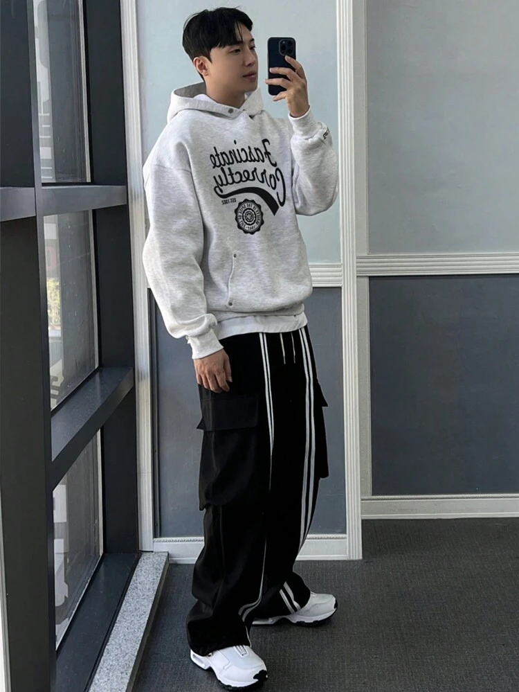 Men's Letter Print Pocket Casual Hoodie, Minimalist Design Fall,Winter