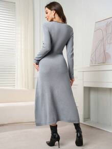 Modelyn Solid Color Casual Knit Sweater Dress, Simple And Fashionable For Daily Wear - Grey - View 2