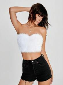 SHEIN EZwear 素色毛茸茸抹胸上衣 - 白色 - 查看 6