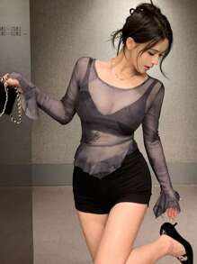 DAZY 女士蝴蝶网纱不对称荷叶边拼接上衣，半透明长袖女士上衣，秋季女士外出上衣 - 黑色 - 查看 5