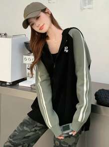 DAZY Women's Colorblock Striped Letter Embroidery Loose Long Sleeve Hooded Zipper Cardigan,Fall Women Clothes Jacket - Black - View 5