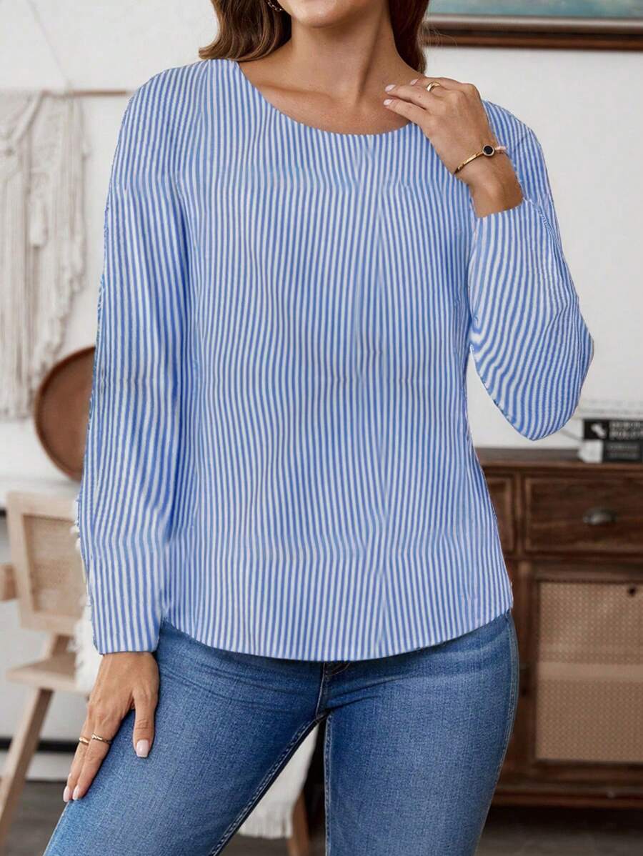 EMERY ROSE Áo sơ mi nữ dáng rộng, kẻ sọc, tay phồng, thích hợp mặc vào mùa thu. - Nhiều màu - Xem 1