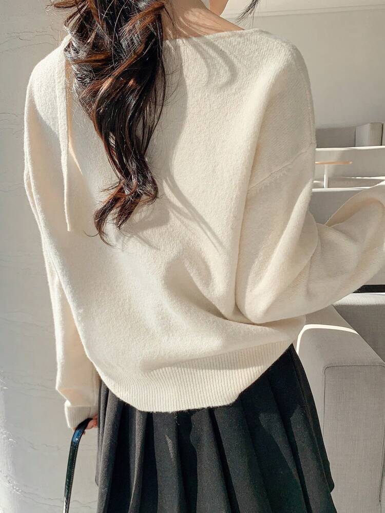 Solid Color Loose Fit Crew Neck Long Sleeve Tie Decor Sweater For Women,Fall Women Clothes