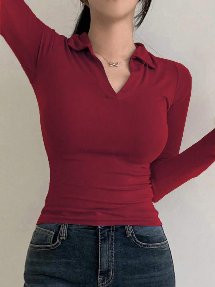Women Solid Color Long Sleeve Pocket Simple Casual Slim Fit Polo Neck Red T-Shirt, Burgundy Top Summer Preppy Tops