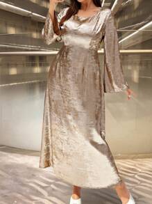 Celure Plus Size Women's Round Neck Flare Sleeve Loose Metallic Fabric Elegant Dress For New Year Holiday Party Clothes Maxi Women Outfit