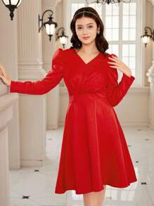 Váy suông tay bồng Giáng sinh cho bé gái tuổi teen - Đỏ - Xem 3