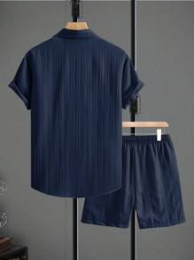 Manfinity RSRT 2pcs/Set Men's Solid Color Short Sleeve Single-Breasted Shirt And Shorts, Casual Outfits - Navy Blue - View 2