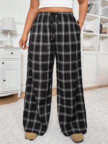 SHEIN Frenchy 大码女式腰带格子口袋宽腿宽松休闲裤 - 黑與白 - 查看 5