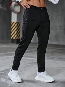 Manfinity Homme Pantalones slim fit de color negro sólido para hombres con diseño de cremallera, detalles de bolsillo simulado y costuras, de estilo casual - Negro - Ver 3
