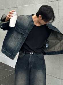 DAZY Men's Drop Shoulder Long Sleeve Single Breasted Casual Denim Jacket, Autumn,Back To School, Emo Style - Blue - View 8