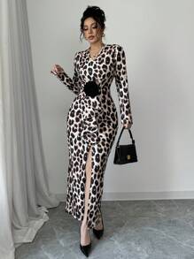 Chiquease V-Neck Long Sleeve Sexy Leopard Print Bodycon Dress, Slim Fit Slit Design, Fashion Maxi Women Outfit Fall Cloth For Women