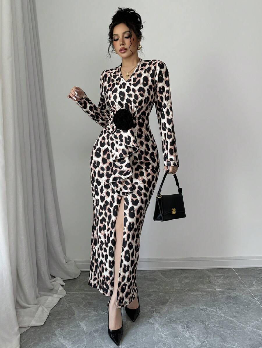 Chiquease V-Neck Long Sleeve Sexy Leopard Print Bodycon Dress, Slim Fit Slit Design, Fashion Maxi Women Outfit Fall Cloth For Women
