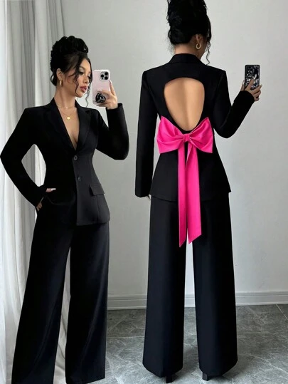 Selianne 2 件女士优雅通勤装：直肩长袖收腰撞色假口袋镂空蝴蝶装饰上衣和阔腿裤套装