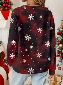 SHEIN LUNE Áo nỉ chui đầu lót nhiệt họa tiết bông tuyết đỏ nhuộm loang cho nữ, phù hợp cho mùa thu đông - Màu Đỏ Sâu - Xem 2