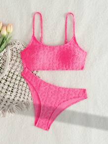 SHEIN Swim Women's Hot Pink Textured Padded Bikini Top Summer - Hot Pink - View 5