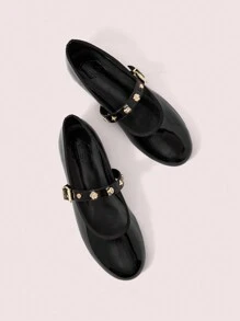 CUCCOO DOLLMOD Women Flat Thick Heel Round Toe Black Mirror Leather Mary Jane Shoes, Cute Retro Minimalist Elegant Fashion Valentine's Day - Black - View 9