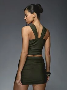 MISSGUIDED Gold Butterfly Detail Halter Neck Top And Ruched Mini SKirt Two Piece Co Ord Set - Army Green - View 2
