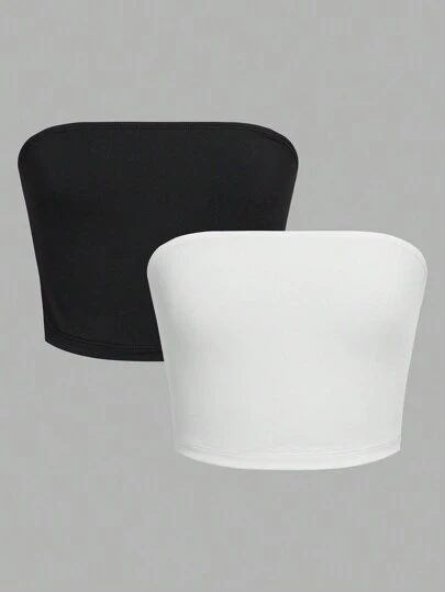 SHEIN 2pcs Black & White Minimalist Comfortable Strapless Non-Slip Crop Top Tube Top Set For Tween Girls