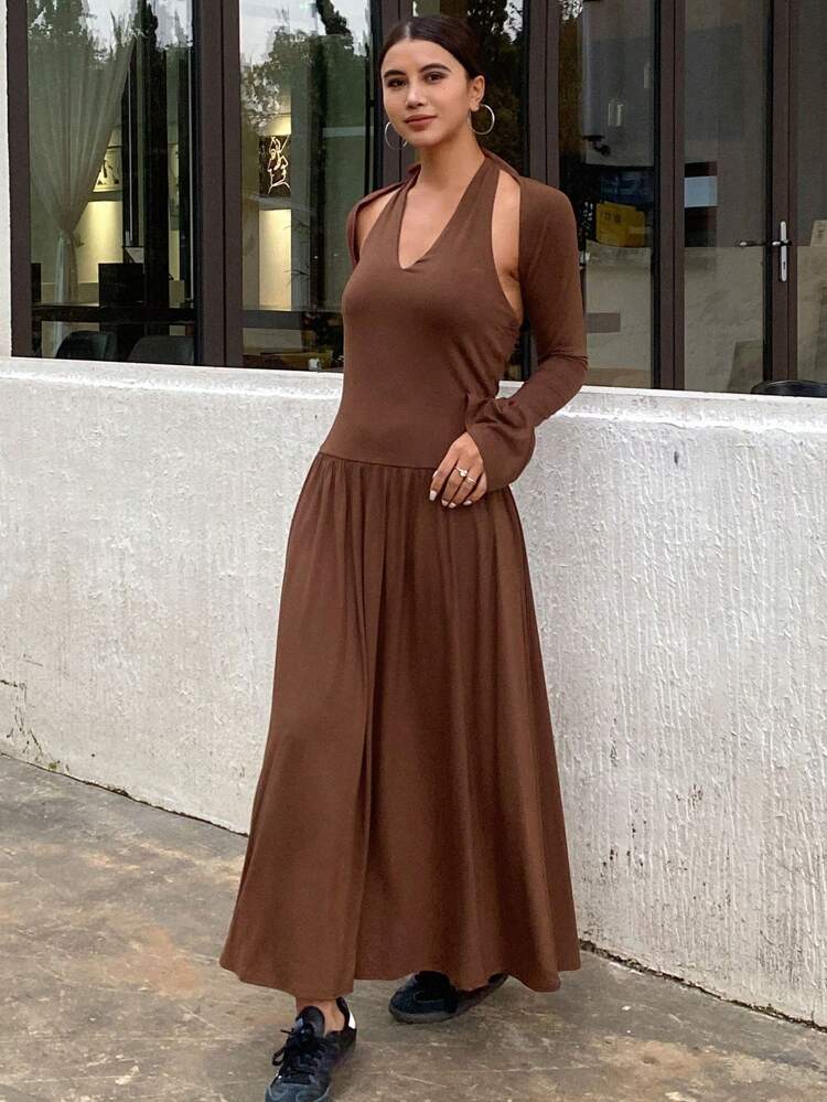 2pcs Women Set: Solid Color Wrap Dress & V-Neck Short Flared Sleeve Jacket,Fall Clothes