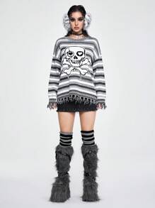 ROMWE Grunge Punk Chandail surdimensionné aux femmes avec squelette gothique mystérieux, effilé dégradé asymétrique