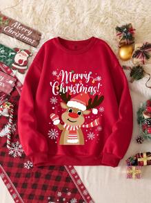 SHEIN Essnce Casual Minimalist Christmas Elk & Letter Print Loose Fit Crew Neck Long Sleeve Thick Sweatshirt, Plus Size, Suitable For Christmas, For Winter - Red - View 3