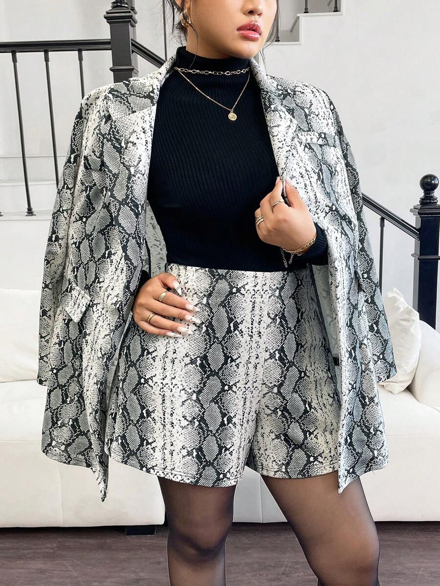 Celure Bộ 2 món cho nữ cỡ lớn, áo khoác blazer dài tay họa tiết da rắn thanh lịch và quần short - Nhiều màu - Xem 1