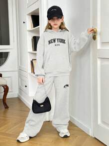 SHEIN 2 件套 Tween 女孩宽松休闲柔软舒适连帽衫运动衫和裤子套装 - 淺灰色 - 查看 4